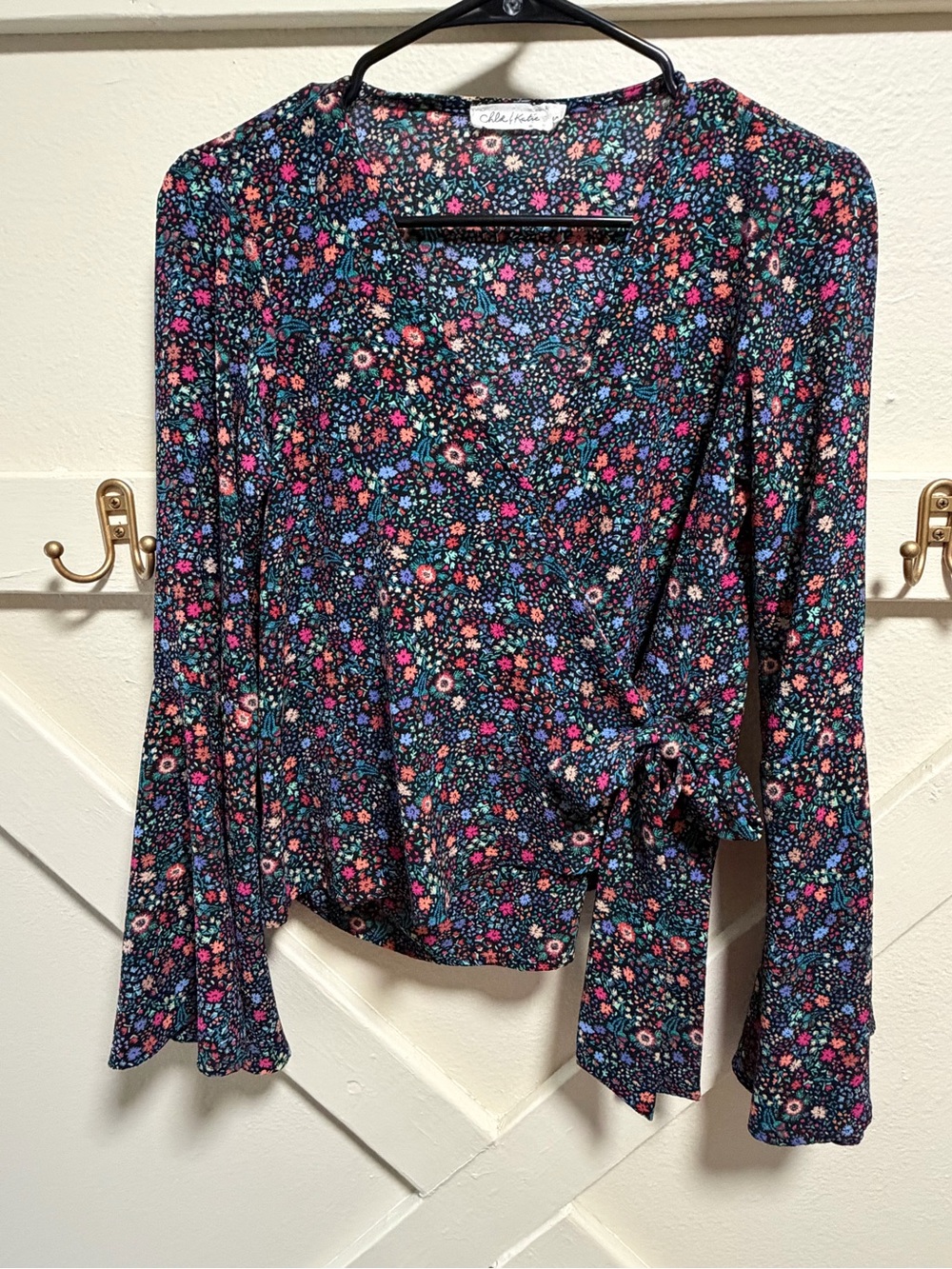 Chloe & Katie Black Floral Wrap Blouse